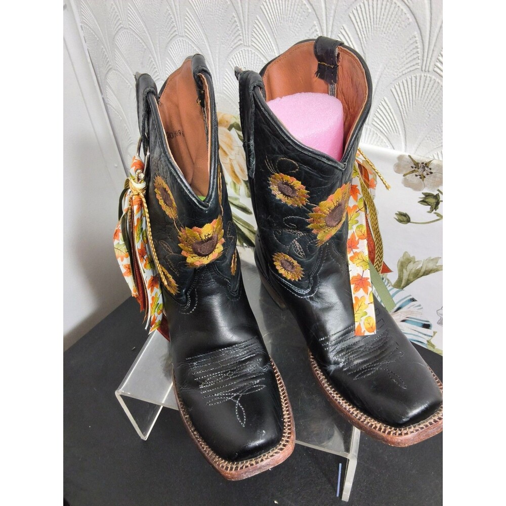 Tanner Mark Girls Black Leather Cowboy Boots With Sunflower Embroidery Size 1